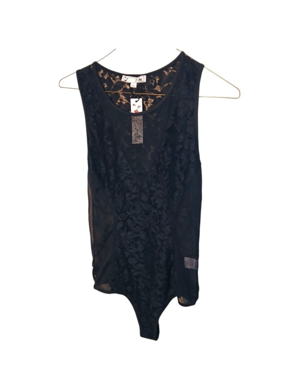 It Girl Black Floral Lace Sheer Mesh Bodysuit Large NWT Goth Cosquette Grunge